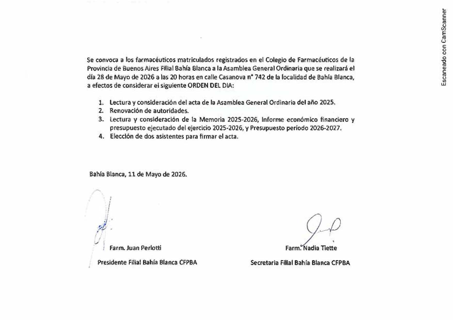 Convocación a los Farmaceuticos matriculados en el Colegio de Farmaceúticos Bahia Blanca